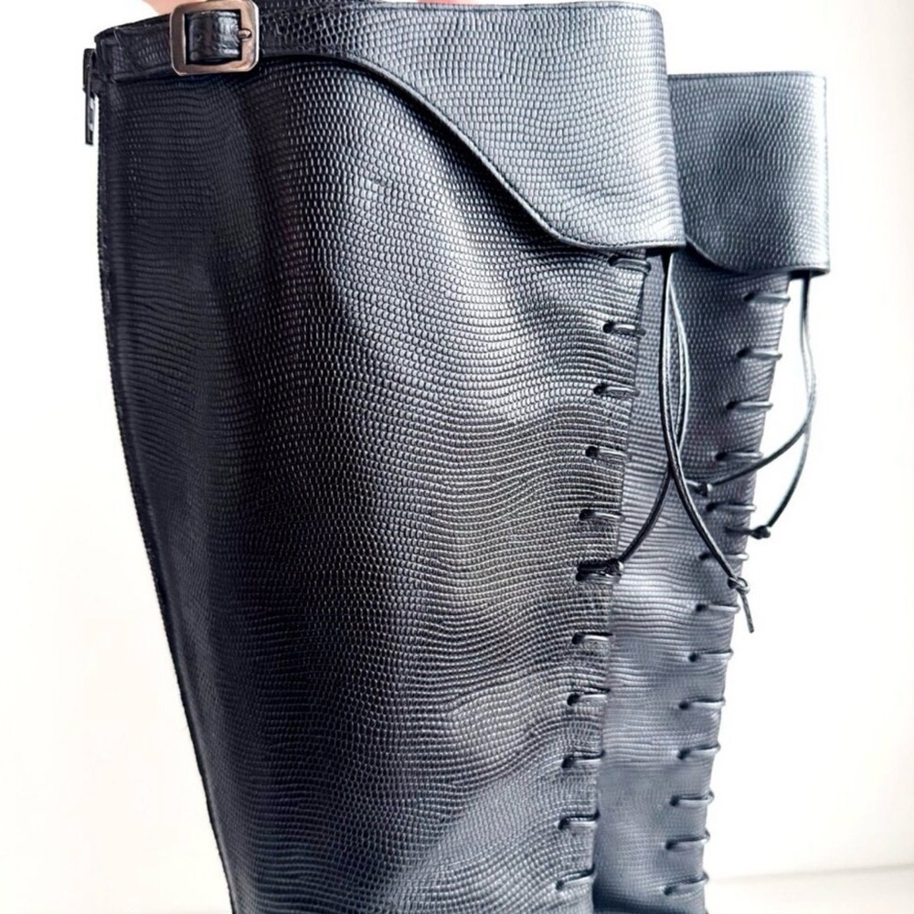 Grigiarancio Tall Lace up detail Leather Sexy Black Boots - Picture 5 of 8